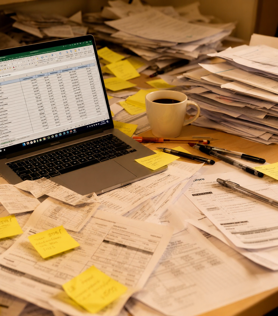 Bureau encombré de post-it, papiers et tableurs Excel — avant Odoo