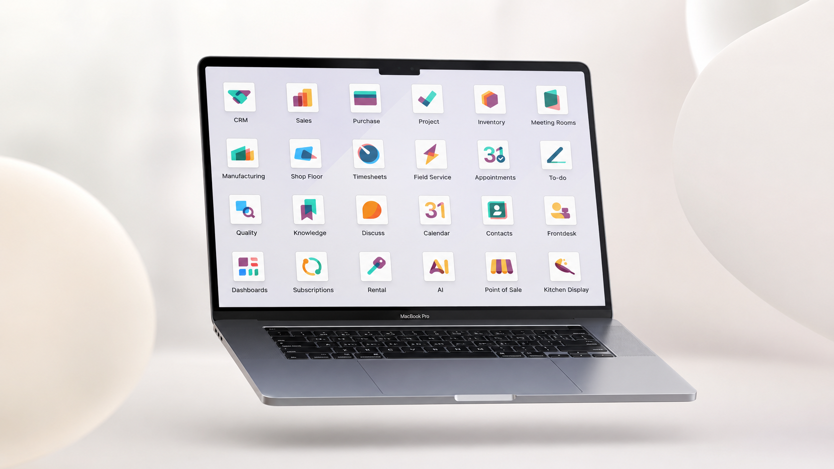 Modules Odoo affichés sur un MacBook Pro